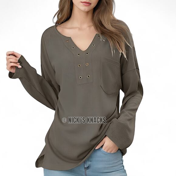 Anna Kaci Olive Waffle Knit Thermal Oversized Drop Shoulder V-Neck Top Size M - Picture 2 of 11